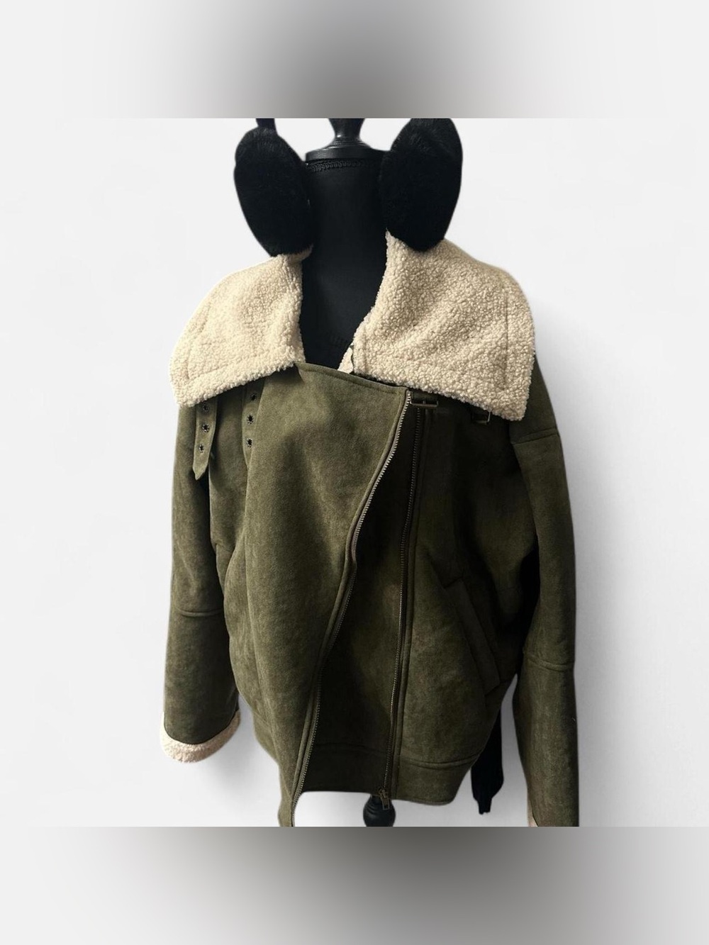 Edikted Olive Faux-Shearling Aviator Jacket with Cream Collar